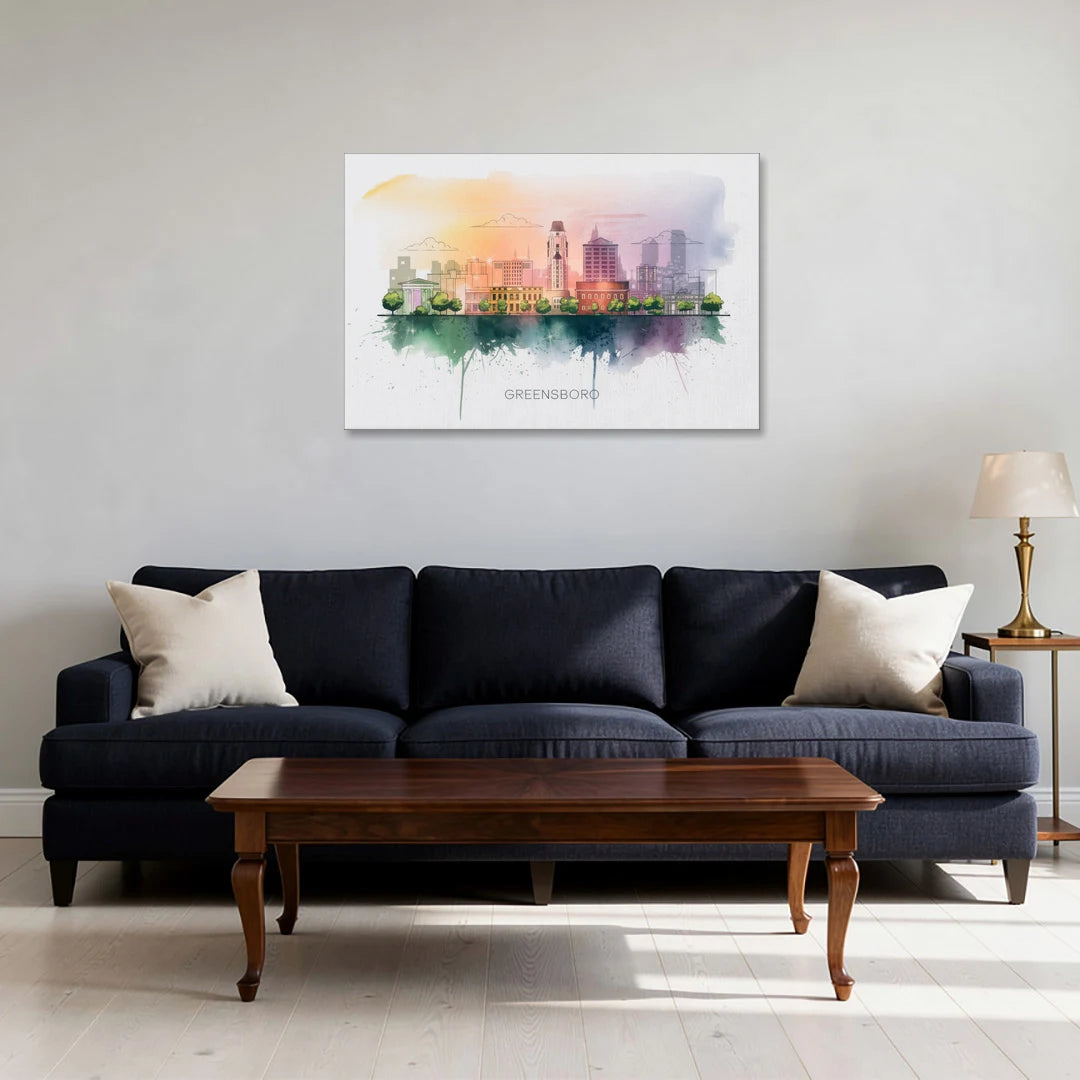 Greensboro Skyline Sunset - Canvas Wall Art - Sofa - 36x24