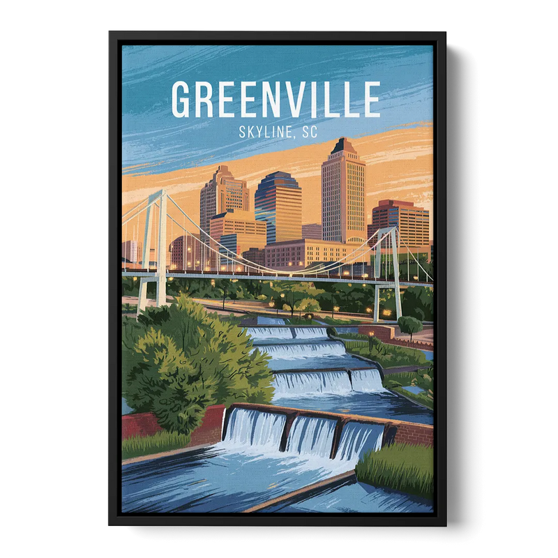 Greenville Skyline at Sunset Front - Black Canvas Wall Art