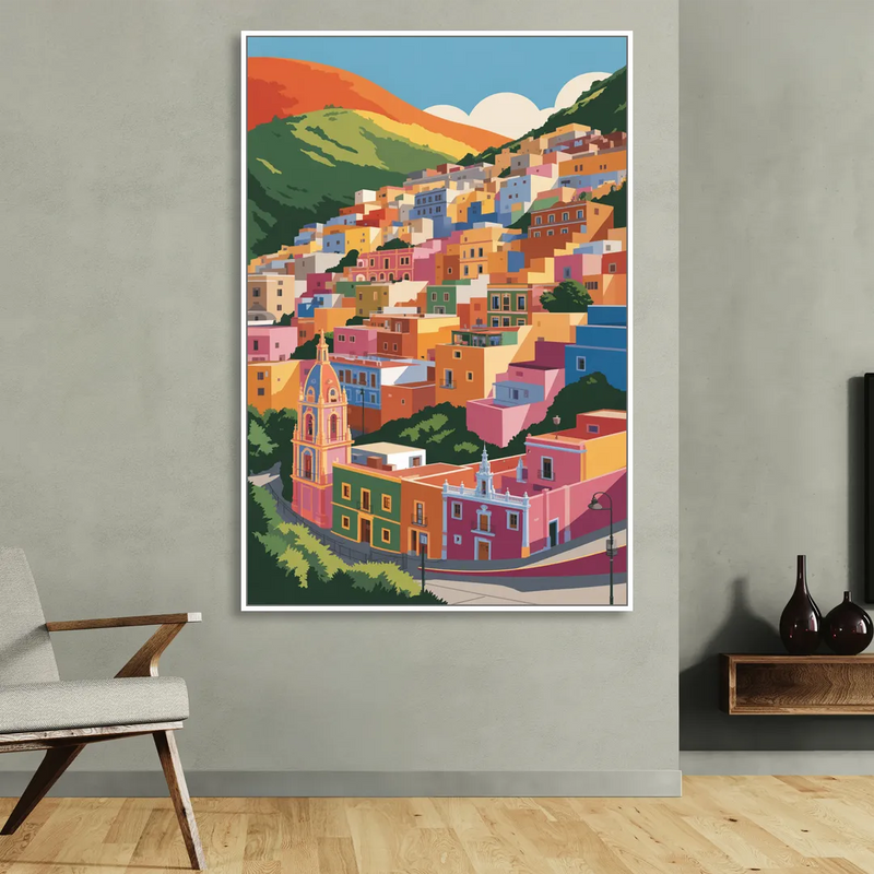 Guanajuato Colorful Hills Living Room - White Canvas Wall Art