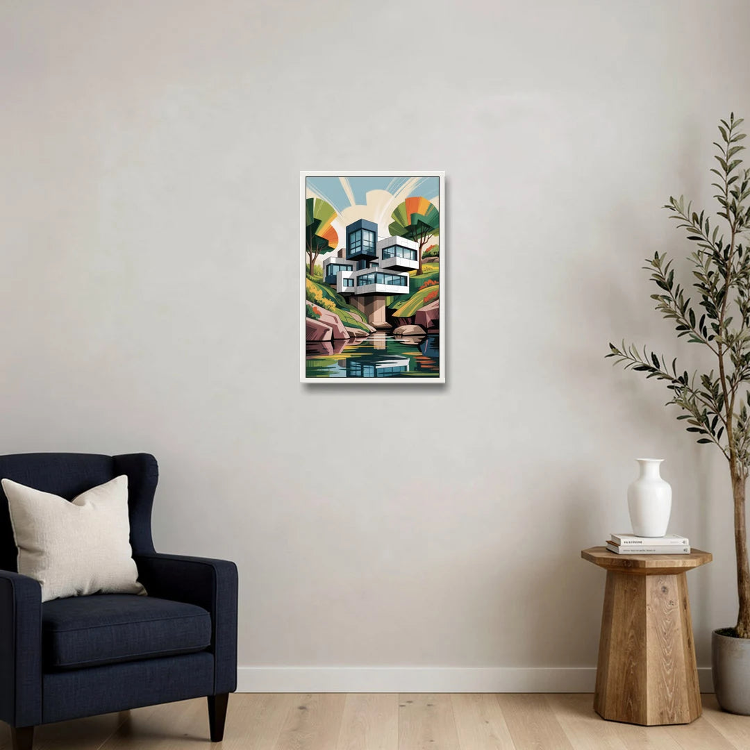 Habitat 67 Architecture - White Framed Canvas Wall Art - Sofa - 16x24