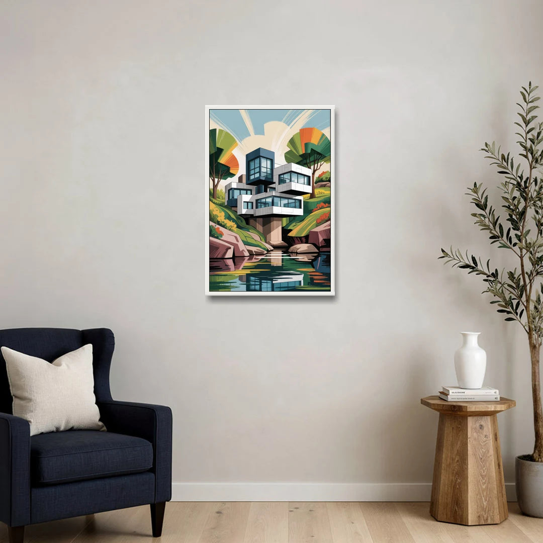 Habitat 67 Architecture - White Framed Canvas Wall Art - Sofa - 20x30