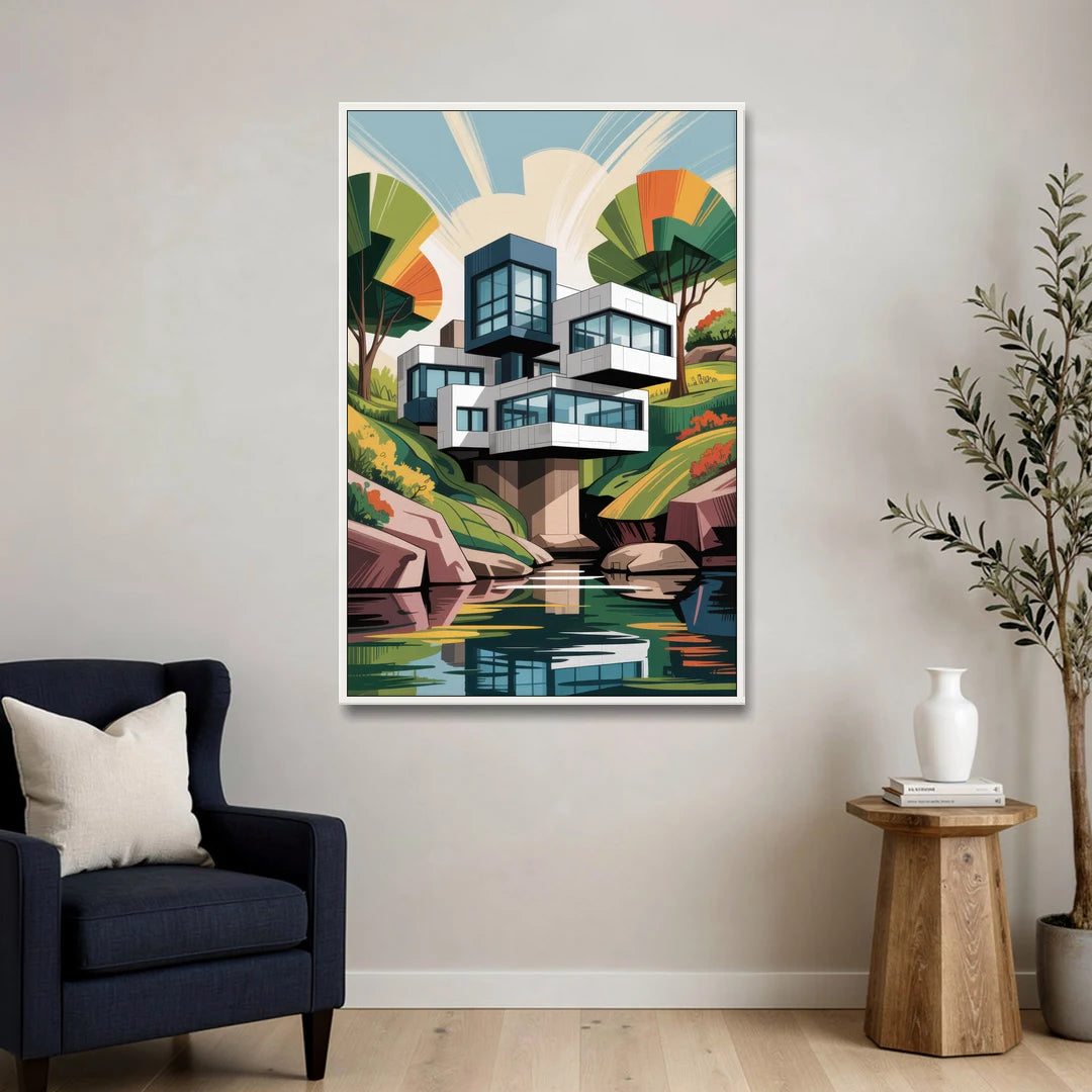 Habitat 67 Architecture - White Framed Canvas Wall Art - Sofa - 32x48