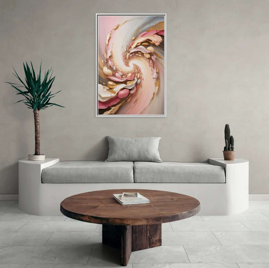 Harmonic Elegance Pink and Gold Abstract - Living Room White Frame Canvas