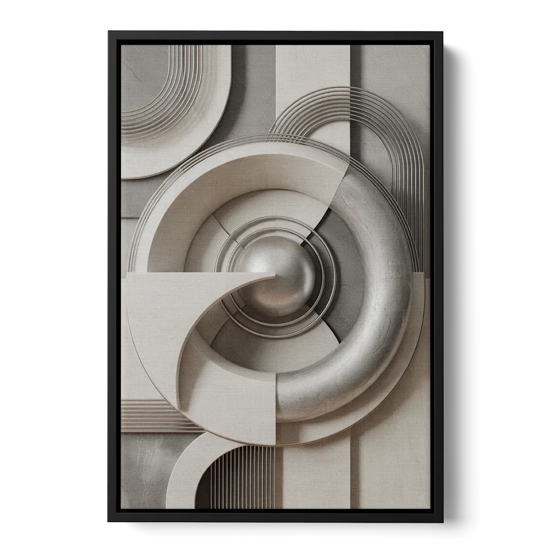 Harmonious Circles Grey and White Abstract - Black Frame Canvas