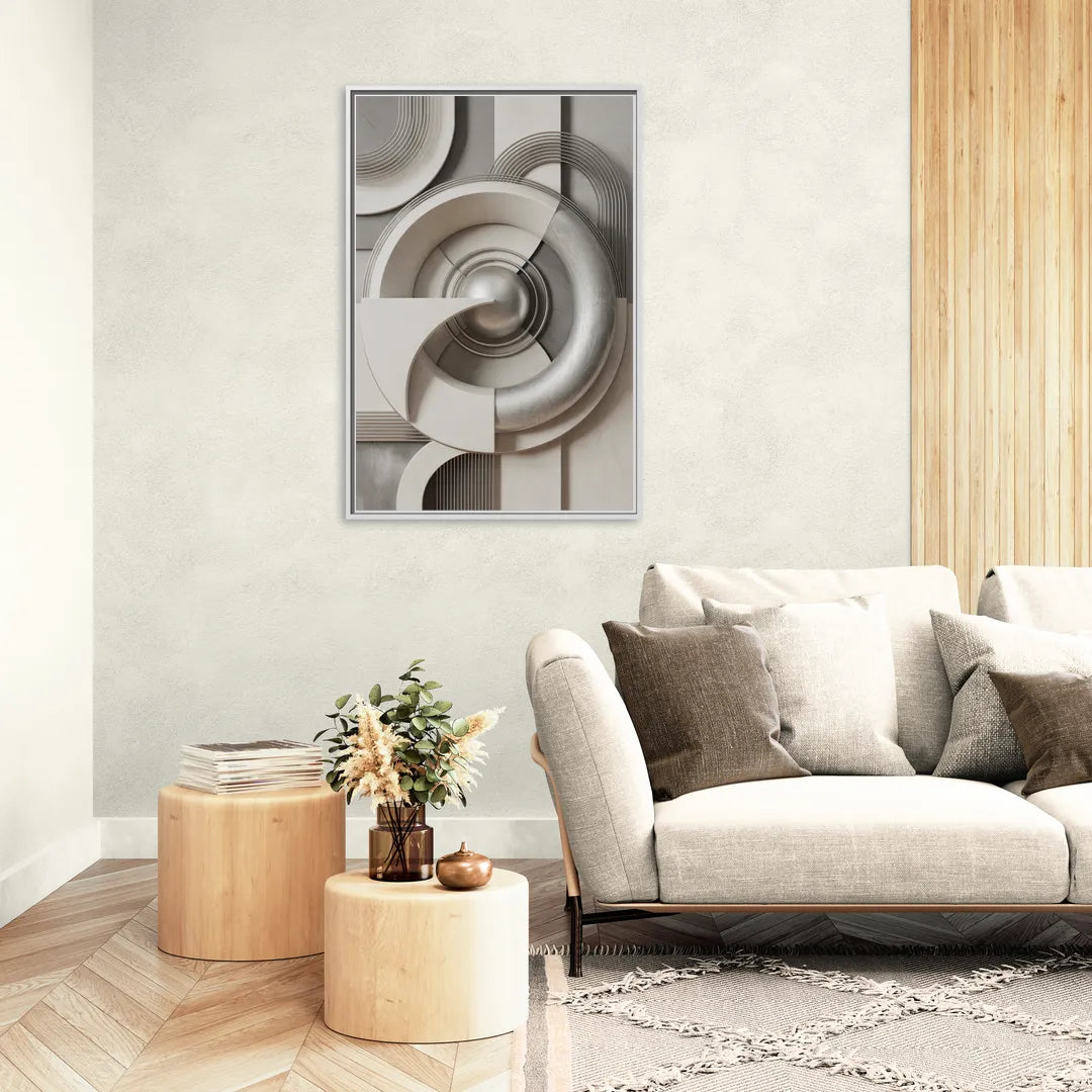 Harmonious Circles Grey and White Abstract - Living Room White Frame Canvas