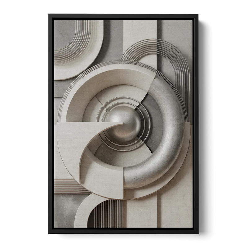 Harmonious Circles Grey and White Abstract Front - Black Canvas Wall Art