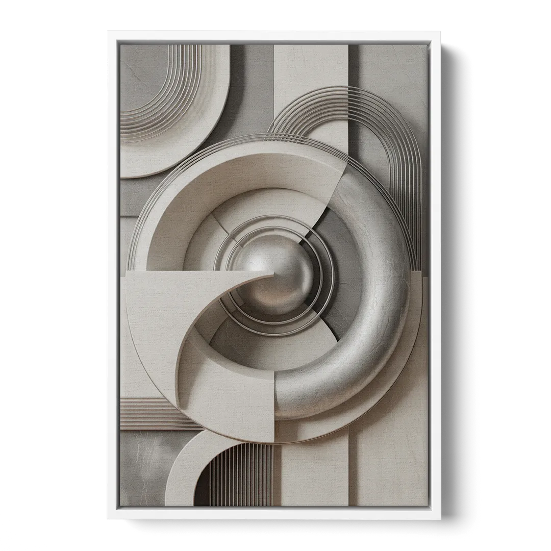 Harmonious Circles Grey and White Abstract - White Frame Canvas