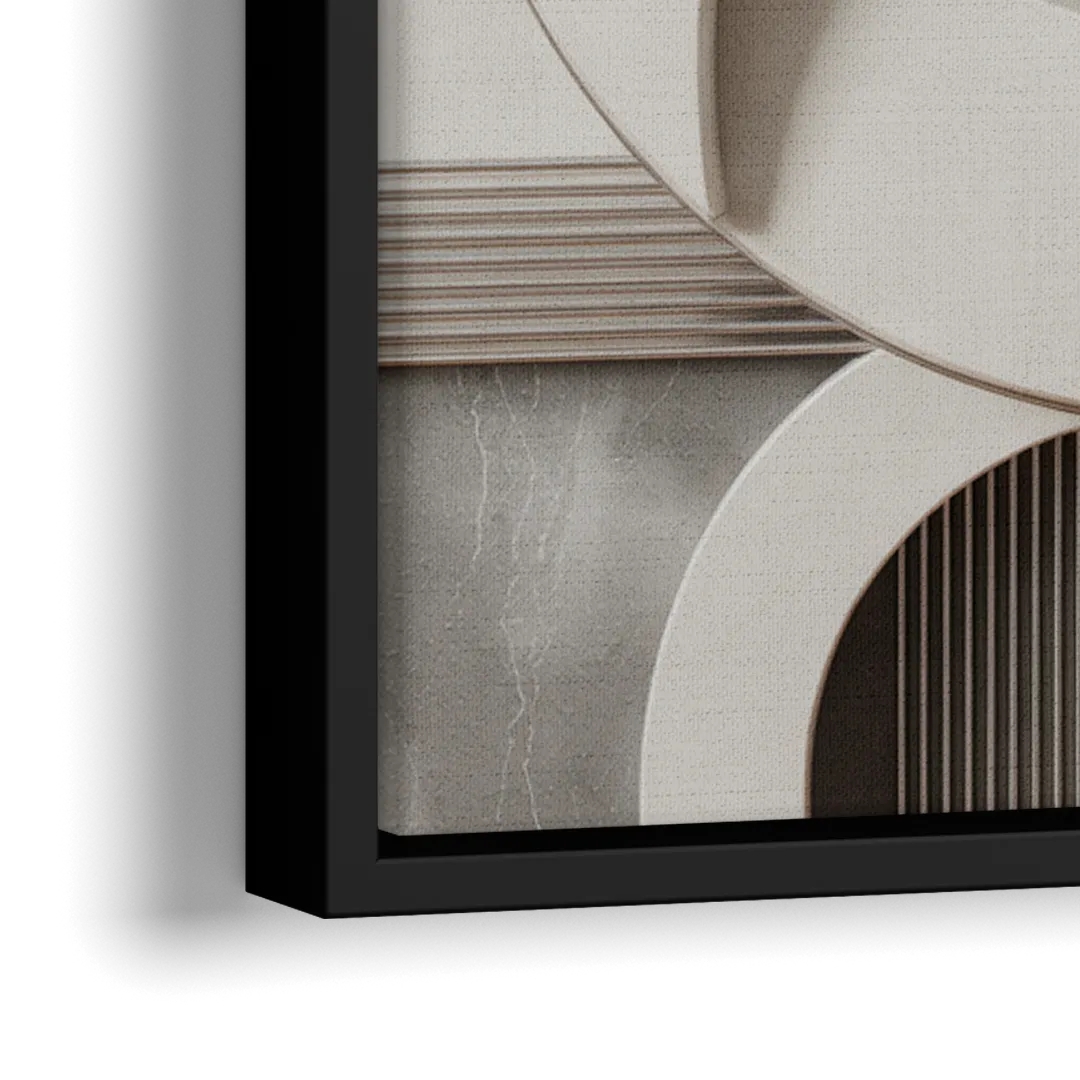 Harmonious Circles Grey and White Abstract - Close-Up Black Frame Canvas