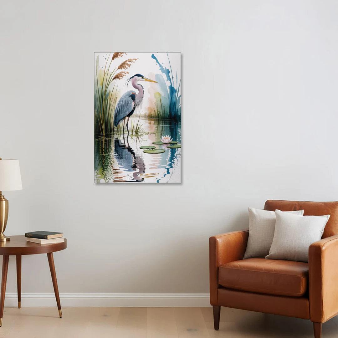 Harmonious Heron Habitat - Canvas Wall Art - Sofa - 24x36