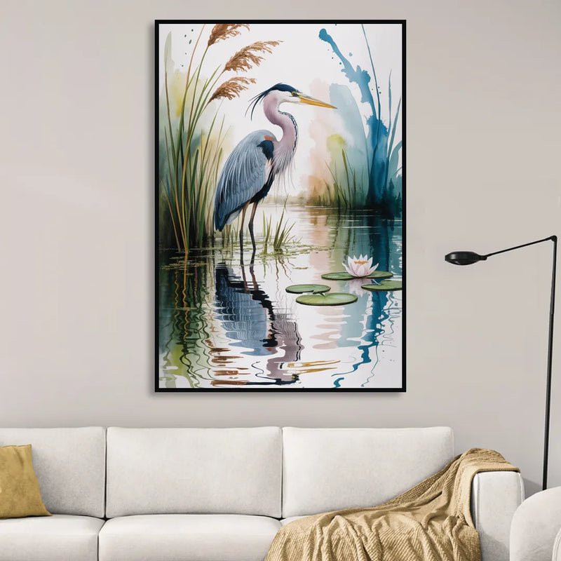 Harmonious Heron Habitat Living Room - Black Canvas Wall Art