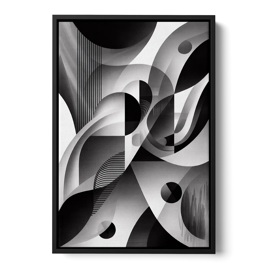 Harmonious Interplay Black and White Abstract - Black Frame Canvas