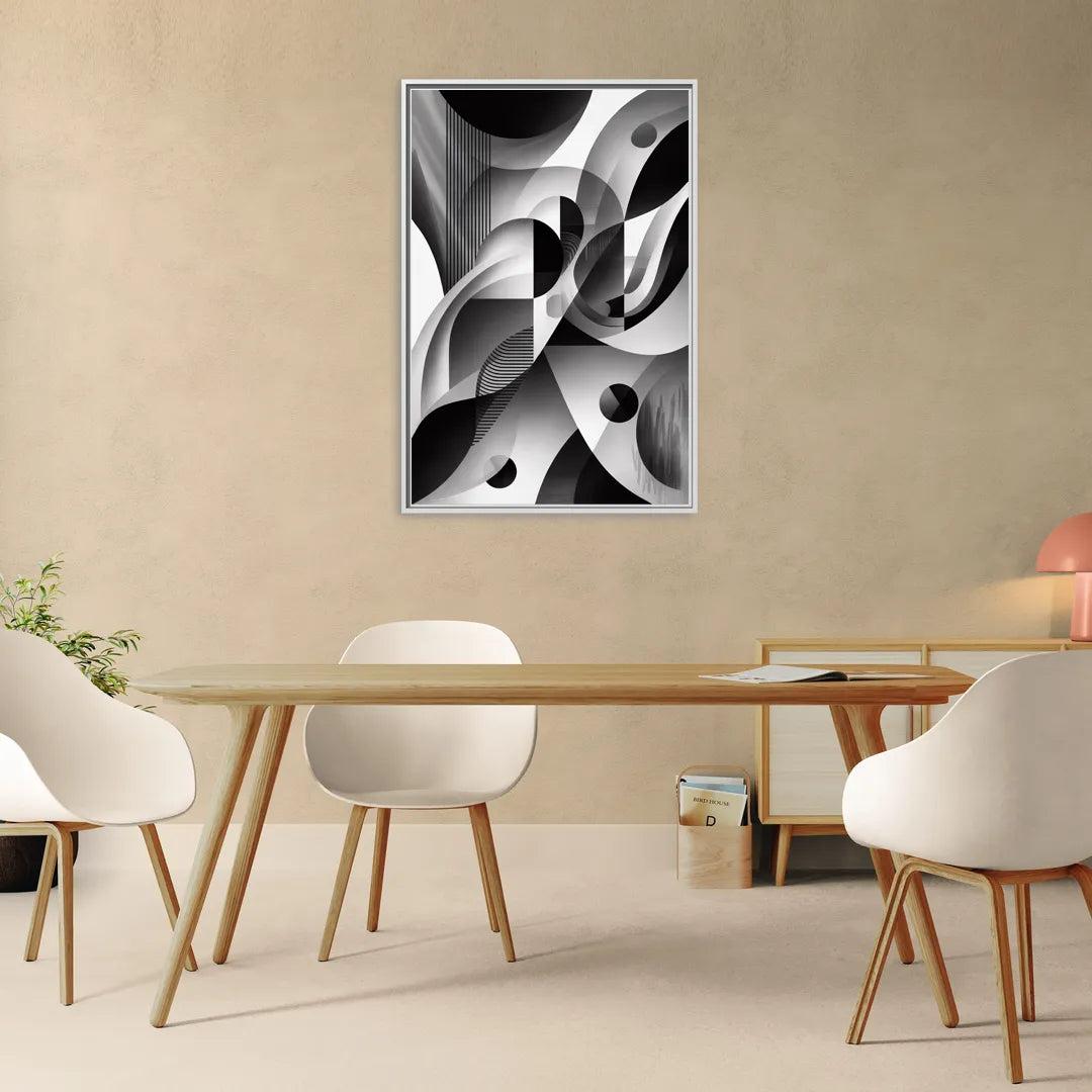 Harmonious Interplay Black and White Abstract - Living Room White Frame Canvas