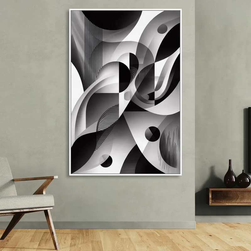 Harmonious Interplay Black and White Abstract Living Room - White Canvas Wall Art