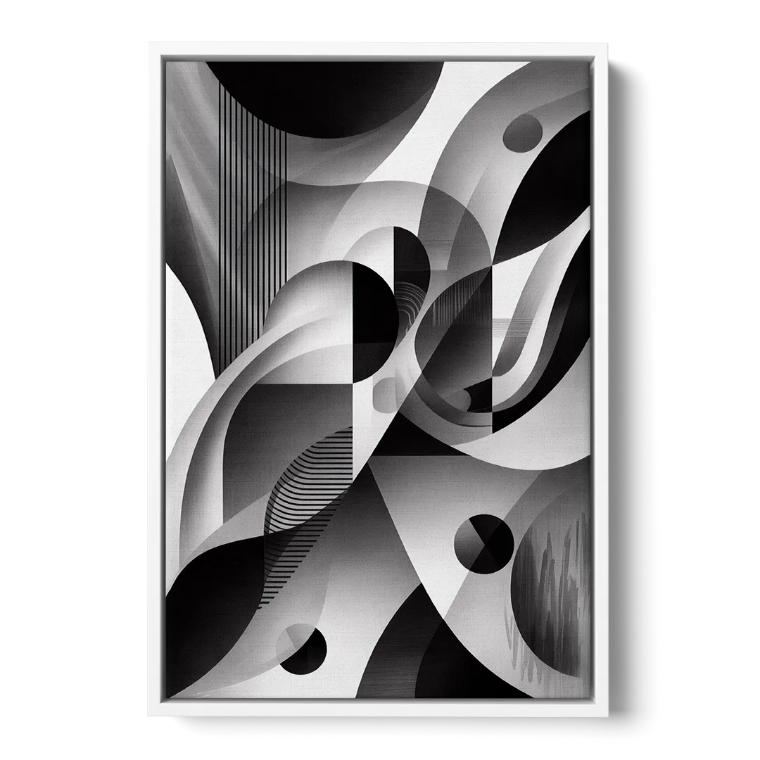 Harmonious Interplay Black and White Abstract - White Frame Canvas