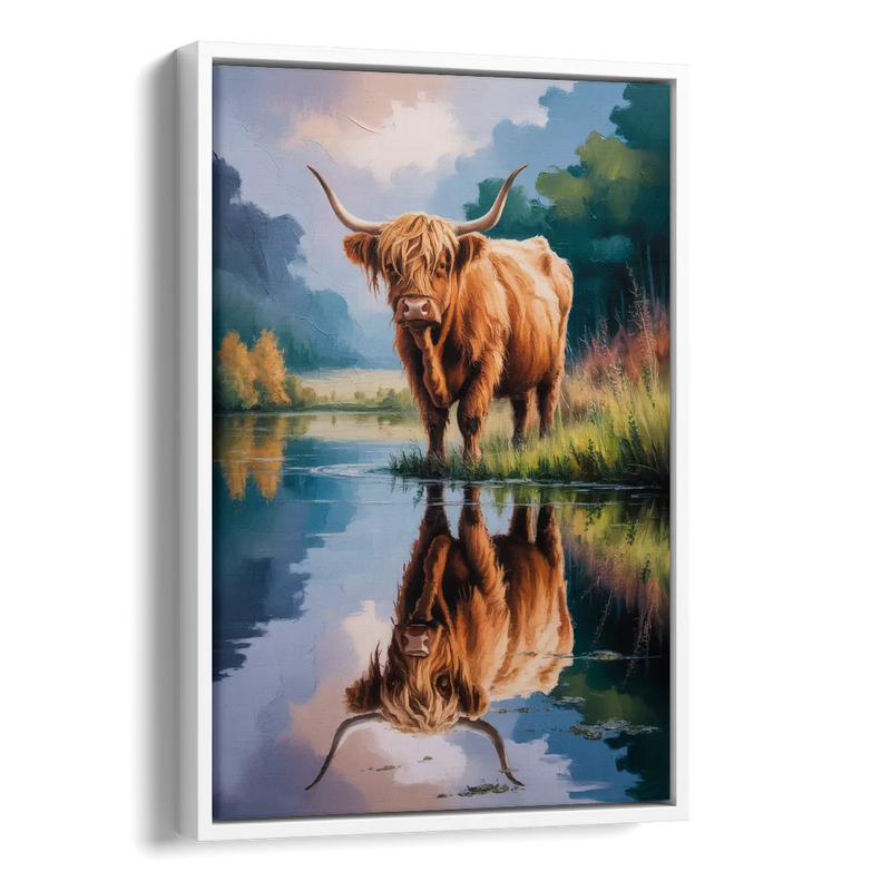 Highland Cow Reflections Side - White Canvas Wall Art