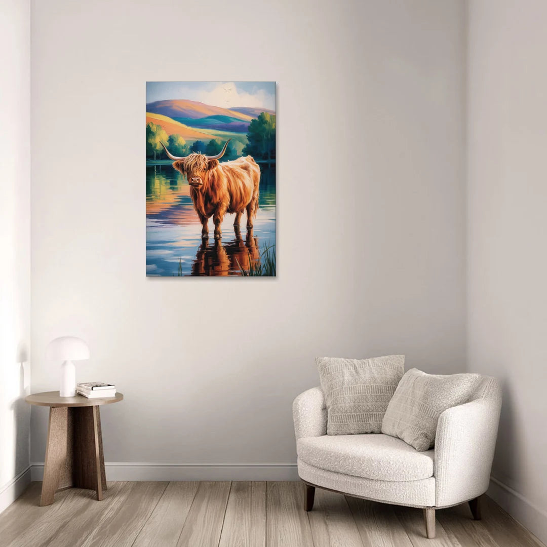 Highland Cow by the Lake - Canvas Wall Art - Sofa - 24x36