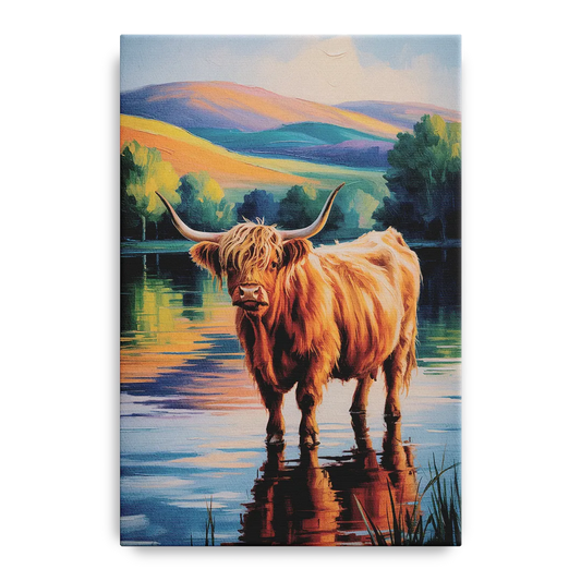Highland Cow by the Lake - Canvas Wall Art