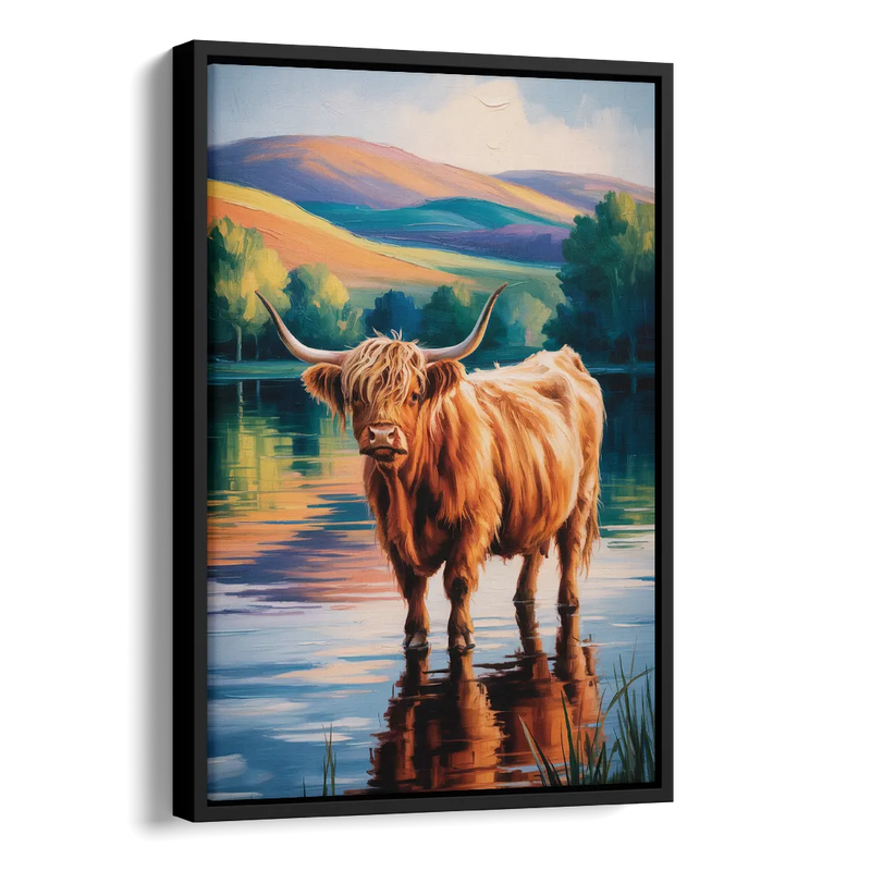 Highland Cow by the Lake Side - Black Canvas Wall Art