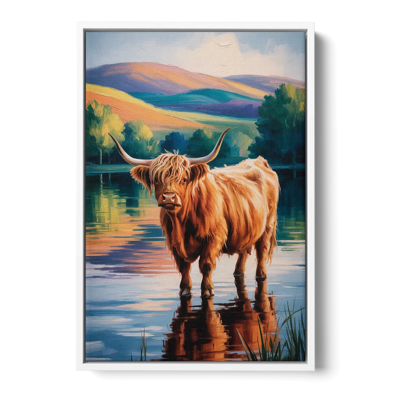 Highland Cow by the Lake Front - White Canvas Wall Art