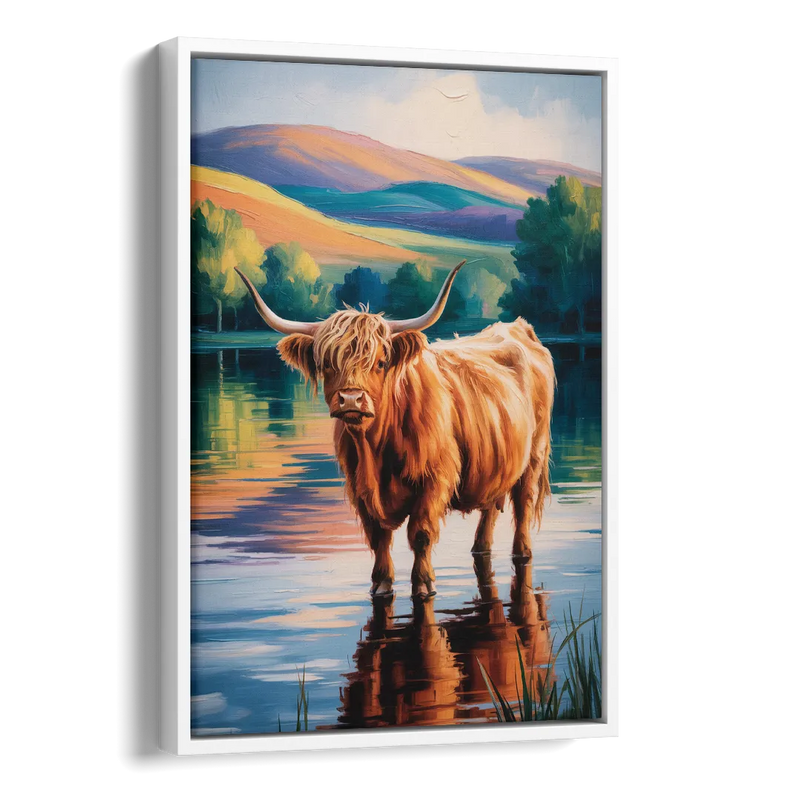 Highland Cow by the Lake Side - White Canvas Wall Art