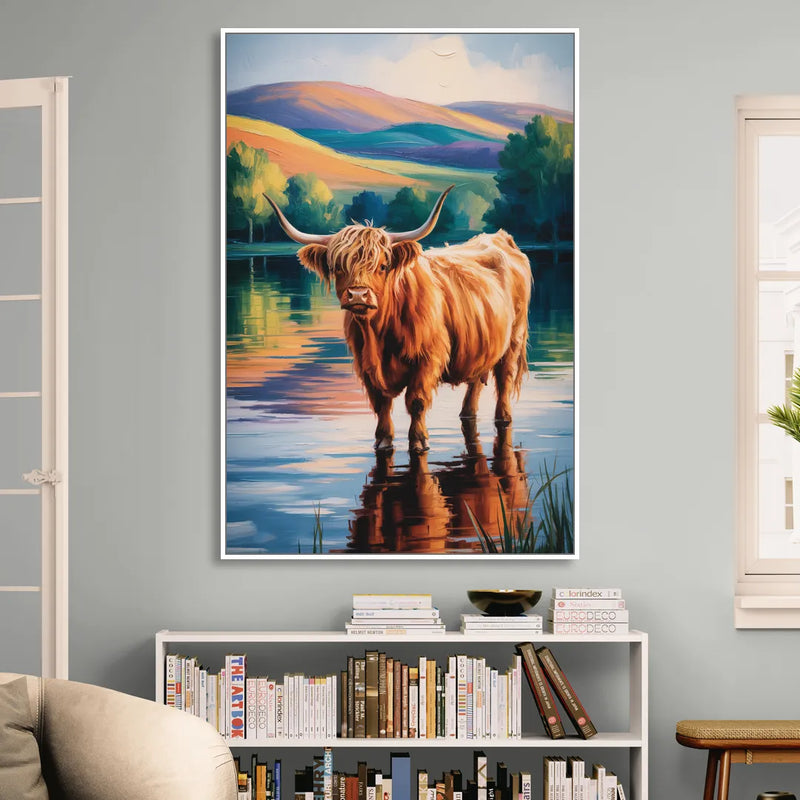 Highland Cow by the Lake Sitting Room - White Canvas Wall Art