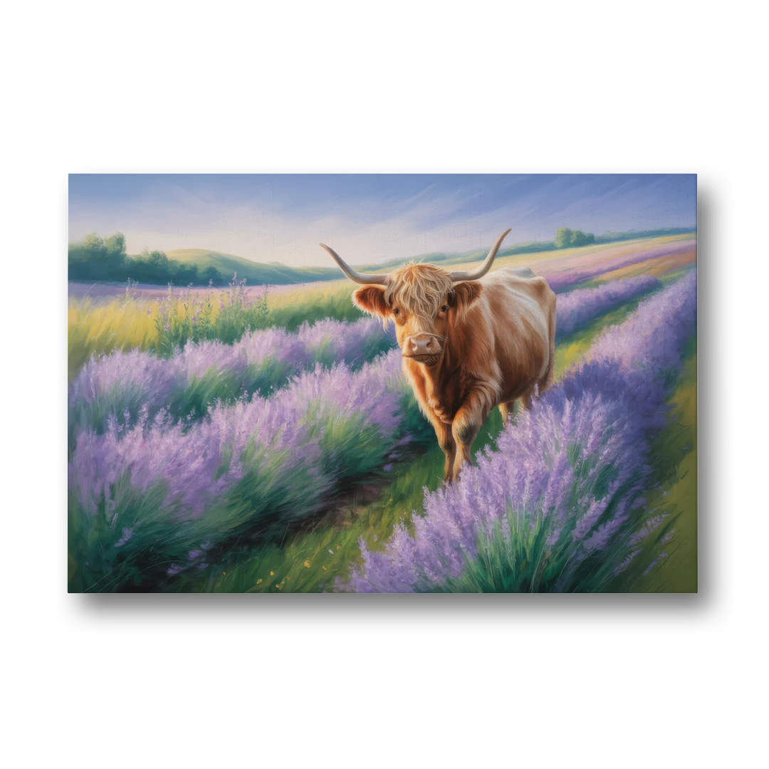 Highland Cow in Lavender Field - Canvas Wall Art - Front