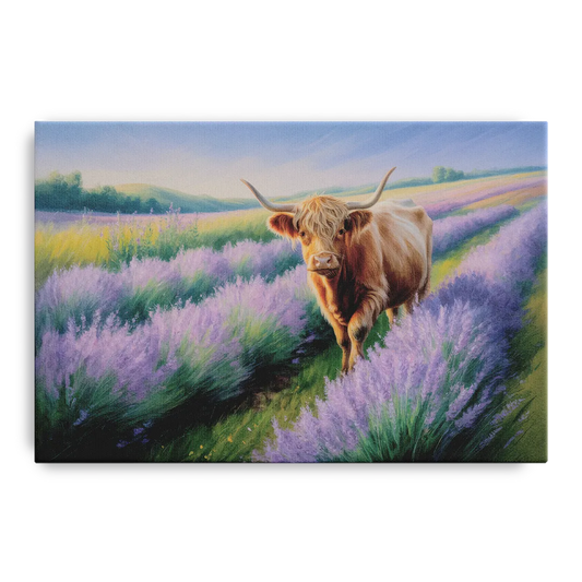 Highland Cow in Lavender Field - Canvas Wall Art