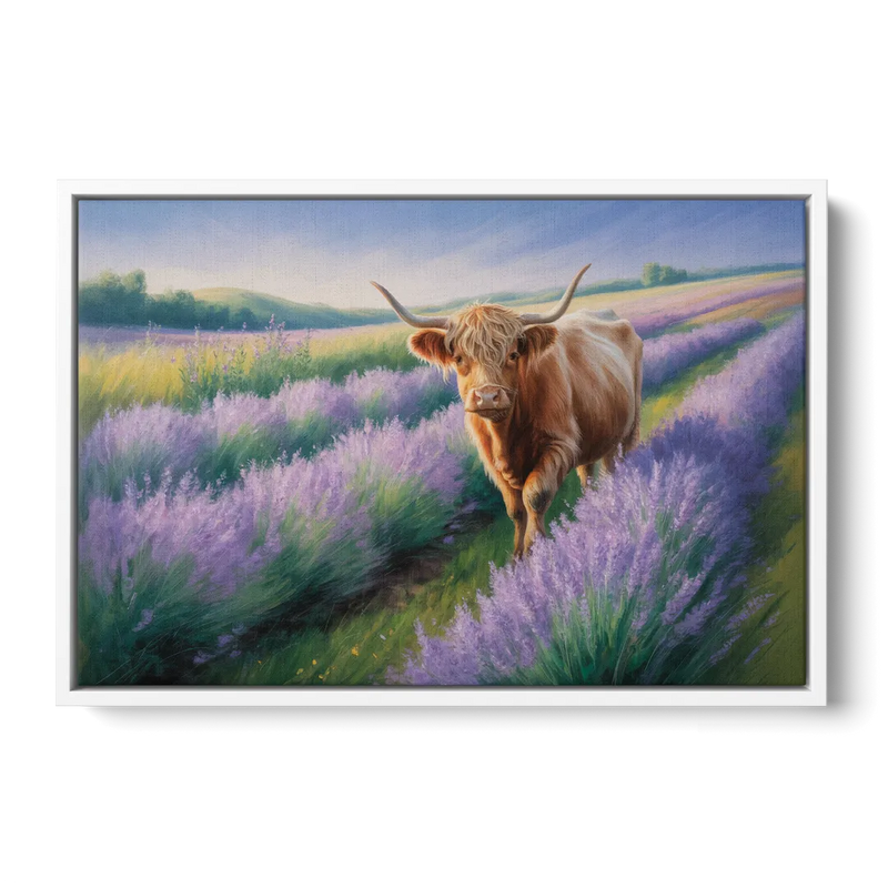 Highland Cow in Lavender Field Front - White Canvas Wall Art