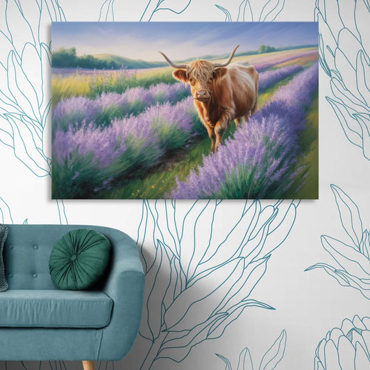 Highland Cow in Lavender Field Living Room - Canvas Wall Art