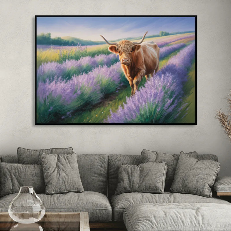 Highland Cow in Lavender Field Living Room - Black Canvas Wall Art