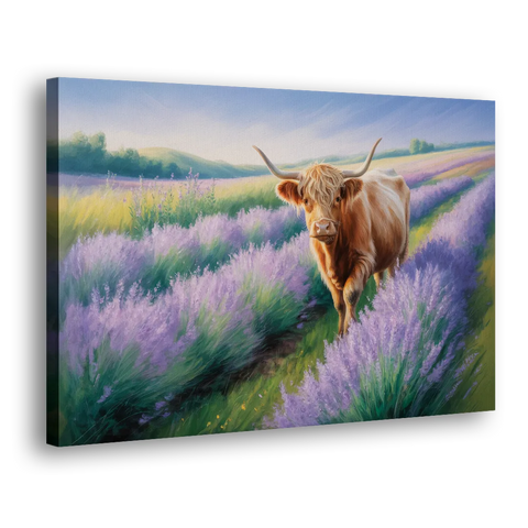 Highland Cow in Lavender Field - Canvas Wall Art