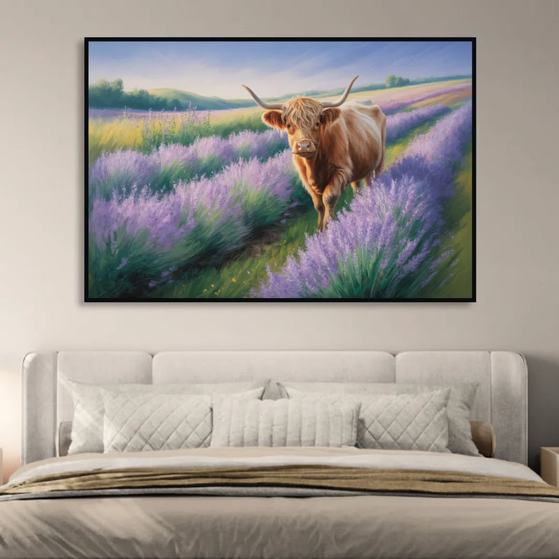 Highland Cow in Lavender Field Sitting Room - Black Canvas Wall Art