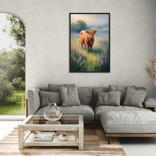 Highland Cow in Mist - Living Room Black Frame Canvas