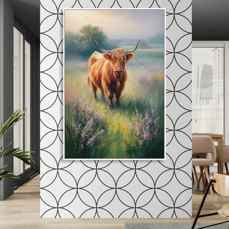Highland Cow in Mist Sitting Room - White Canvas Wall Art
