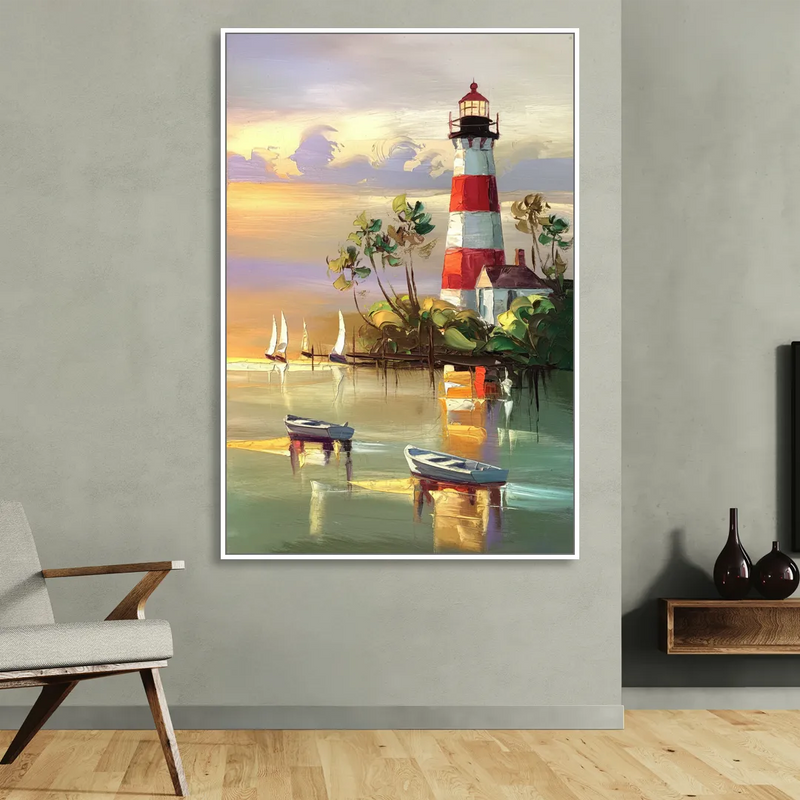 Hilton Head Island Coastal Lighthouse Nautical Living Room - White Canvas Wall Art
