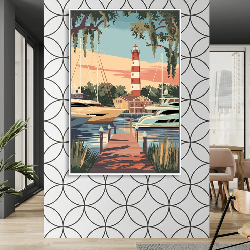 Hilton Head Island Harbour Town Marina Living Room - White Canvas Wall Art