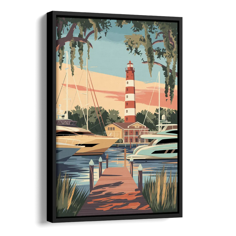 Hilton Head Island Harbour Town Marina Side - Black Canvas Wall Art