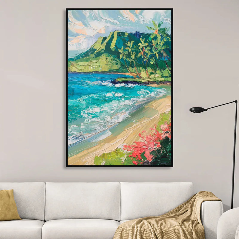 Honolulu Diamond Head View Sitting Room - Black Canvas Wall Art