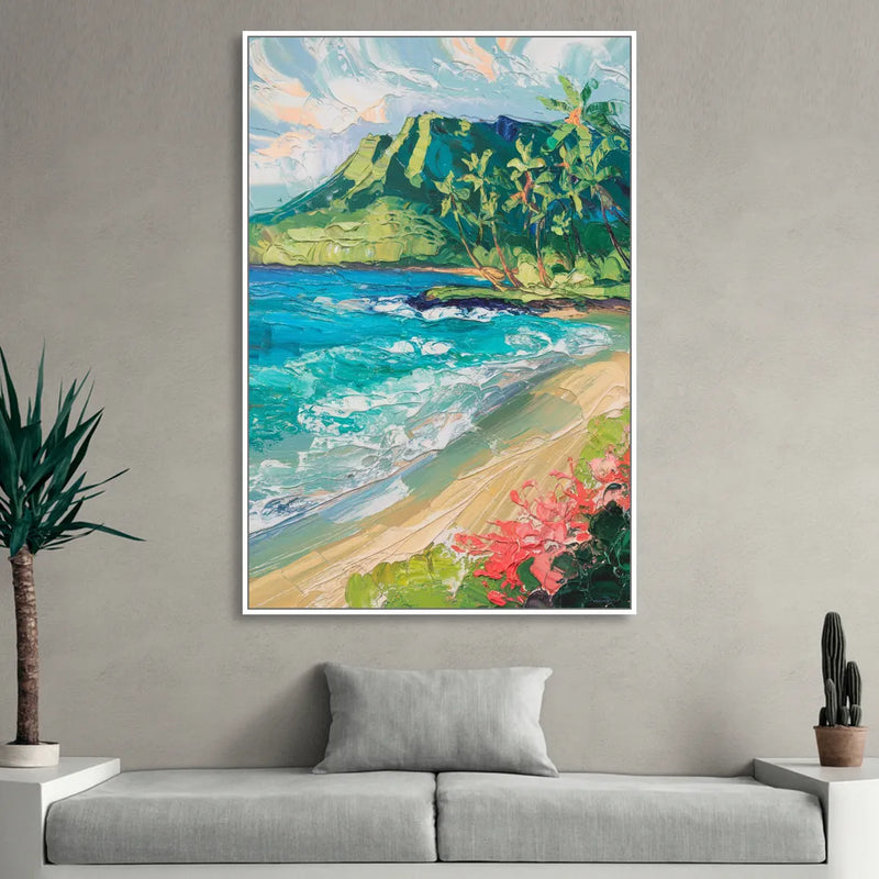 Honolulu Diamond Head View Sitting Room - White Canvas Wall Art
