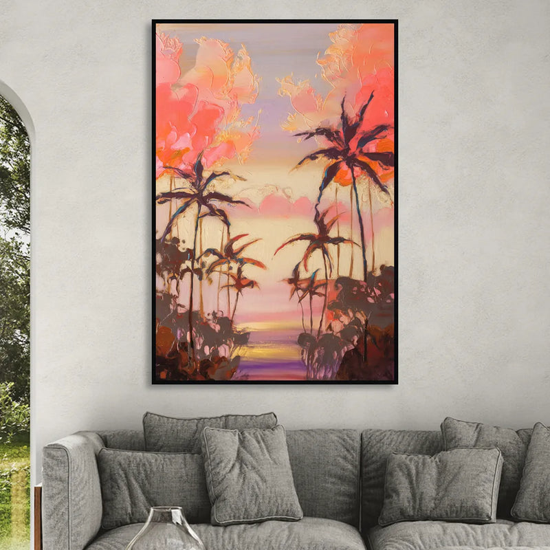 Honolulu Palm Trees Silhouette Living Room - Black Canvas Wall Art