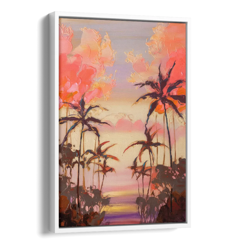 Honolulu Palm Trees Silhouette Side - White Canvas Wall Art
