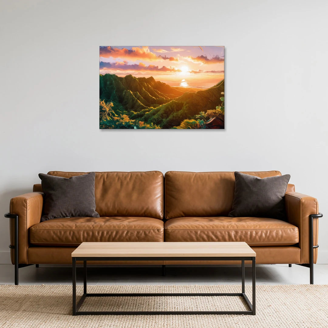 Honolulu Sunset Over Mountains - Canvas Wall Art - Sofa - 36x24