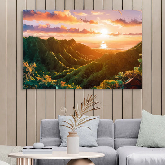 Honolulu Sunset Over Mountains Living Room - Canvas Wall Art