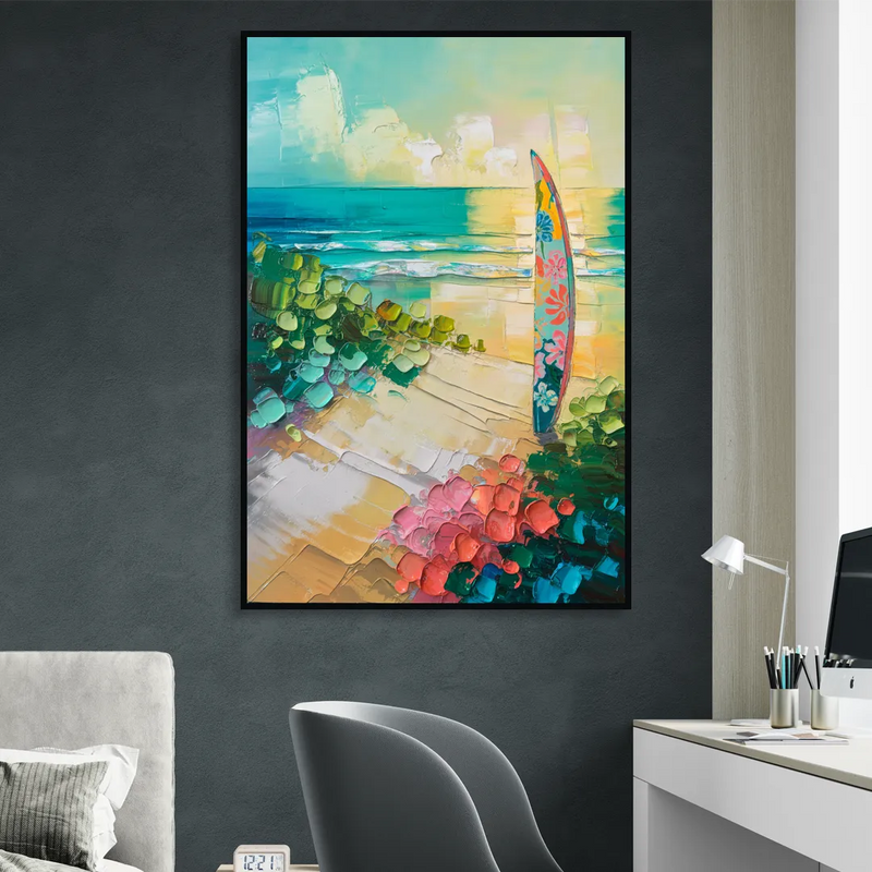 Honolulu Surfboard Vibes Living Room - Black Canvas Wall Art