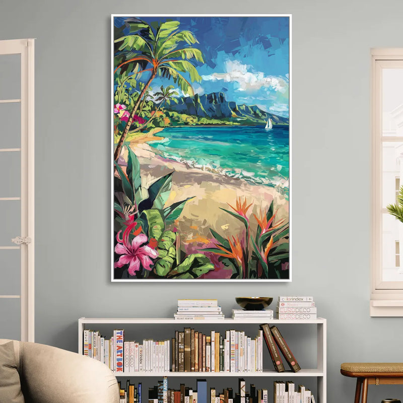 Honolulu Tropical Paradise Living Room - White Canvas Wall Art
