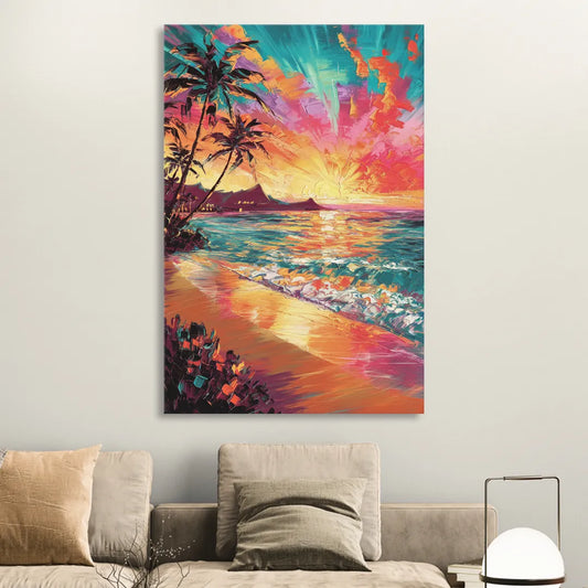 Honolulu Waikiki Beach Sunset Living Room - Canvas Wall Art