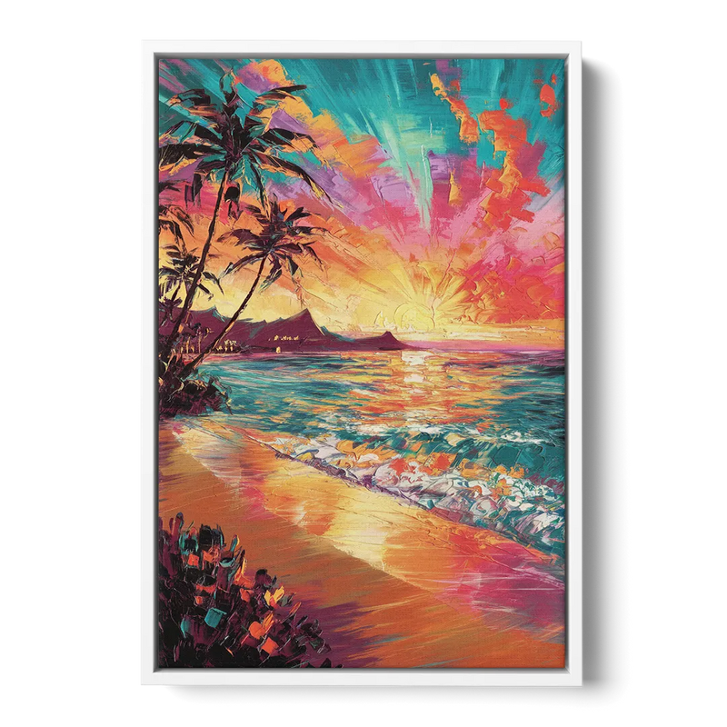 Honolulu Waikiki Beach Sunset Front - White Canvas Wall Art