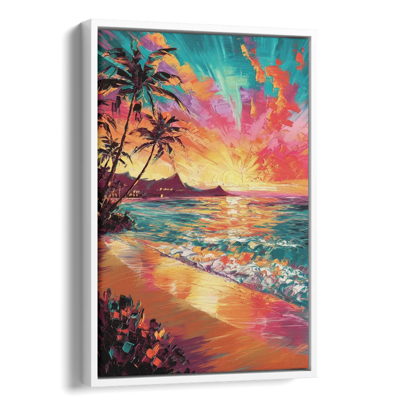 Honolulu Waikiki Beach Sunset Side - White Canvas Wall Art