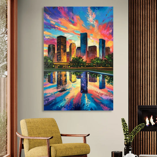 Houston Skyline Reflections Living Room - Canvas Wall Art