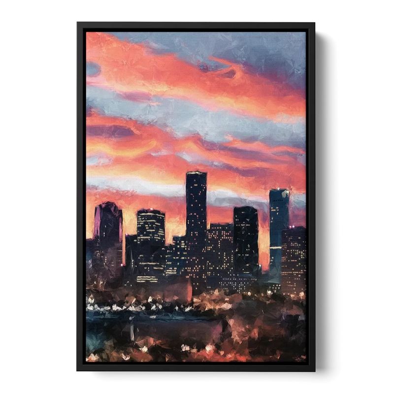 Houston Sunset Skyline Front - Black Canvas Wall Art
